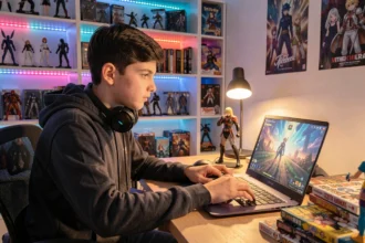 Adolescent jouant à Anime Adventures sur Roblox devant un bureau gaming entouré de figurines et de posters manga