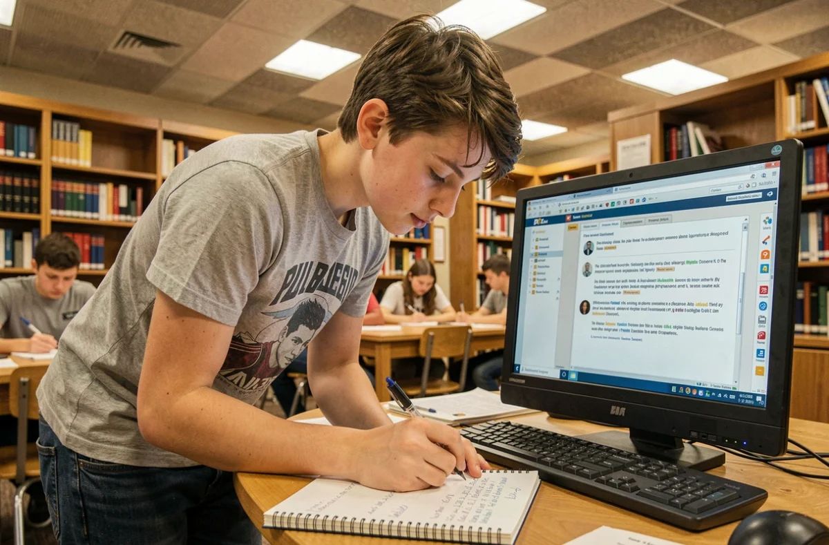 Adolescent prenant des notes sur les archives d'un forum de jeux vidéo dans une bibliothèque scolaire