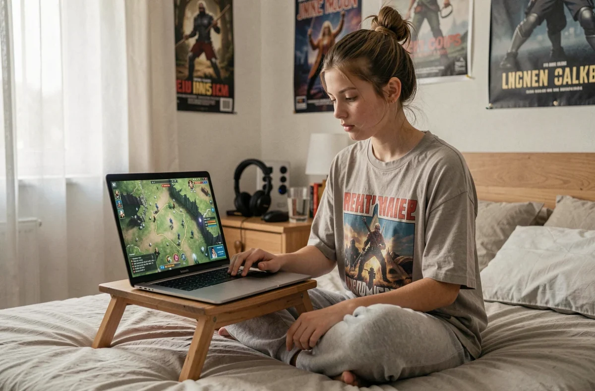 Adolescente débutante jouant à un jeu de rôle fantaisie sur son ordinateur portable posé sur son lit dans sa chambre