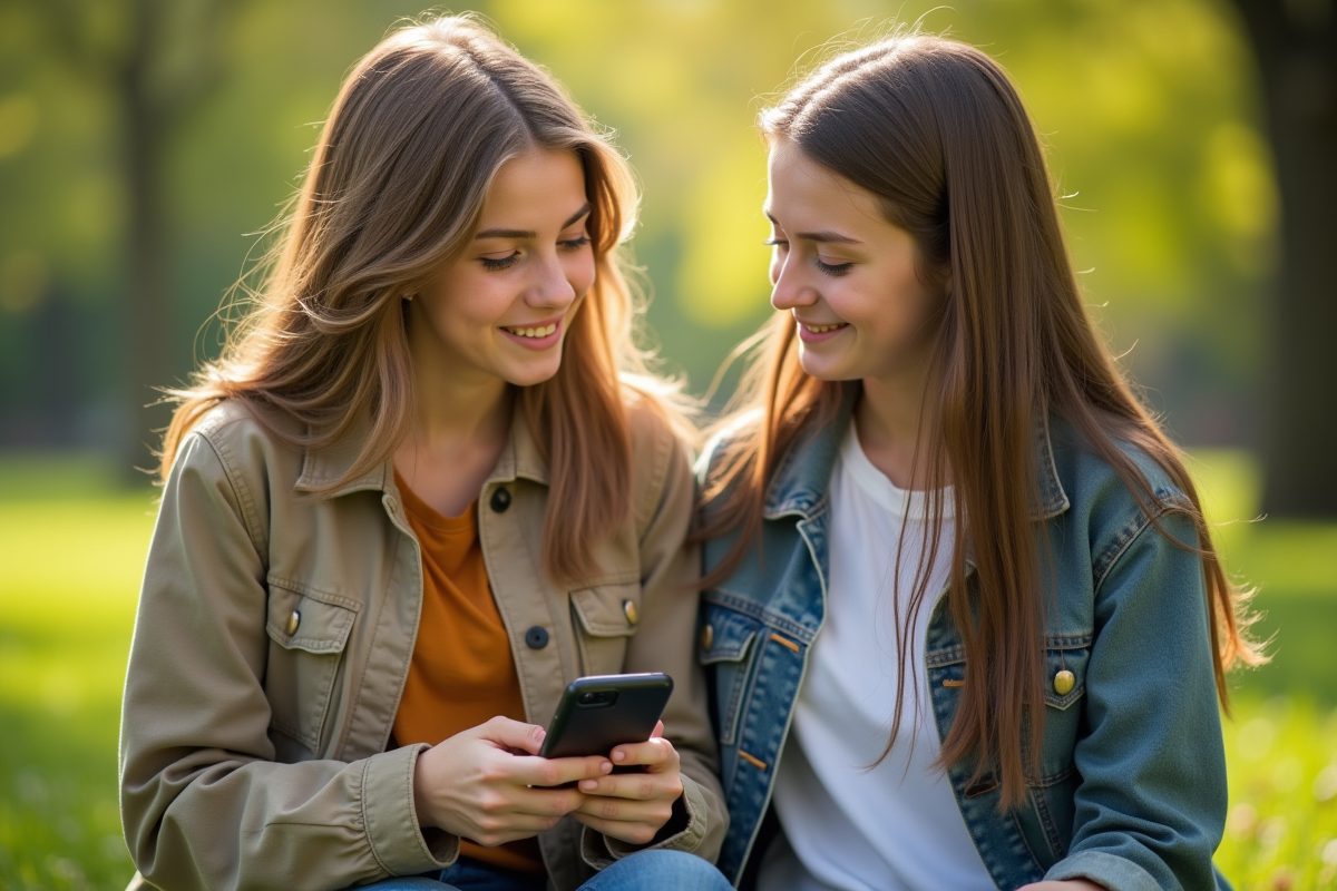 Deux adolescentes dans un parc avec un téléphone en main