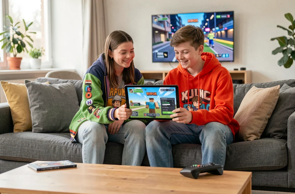 Deux adolescents partageant une tablette pour entrer des codes Anime Adventures sur Roblox dans un salon moderne