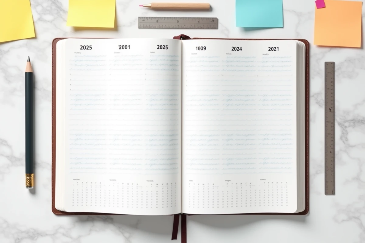 Vue aérienne d'un agenda 2026 ouvert avec semaines paires et impaires numérotées et code couleur sur marbre blanc