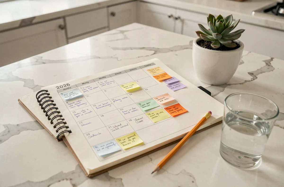 Agenda mensuel 2026 ouvert sur une table de cuisine avec des autocollants colorés et des notes manuscrites pour organiser l'année