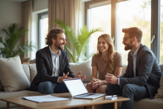 Agent immobilier discutant avec un couple dans un salon lumineux