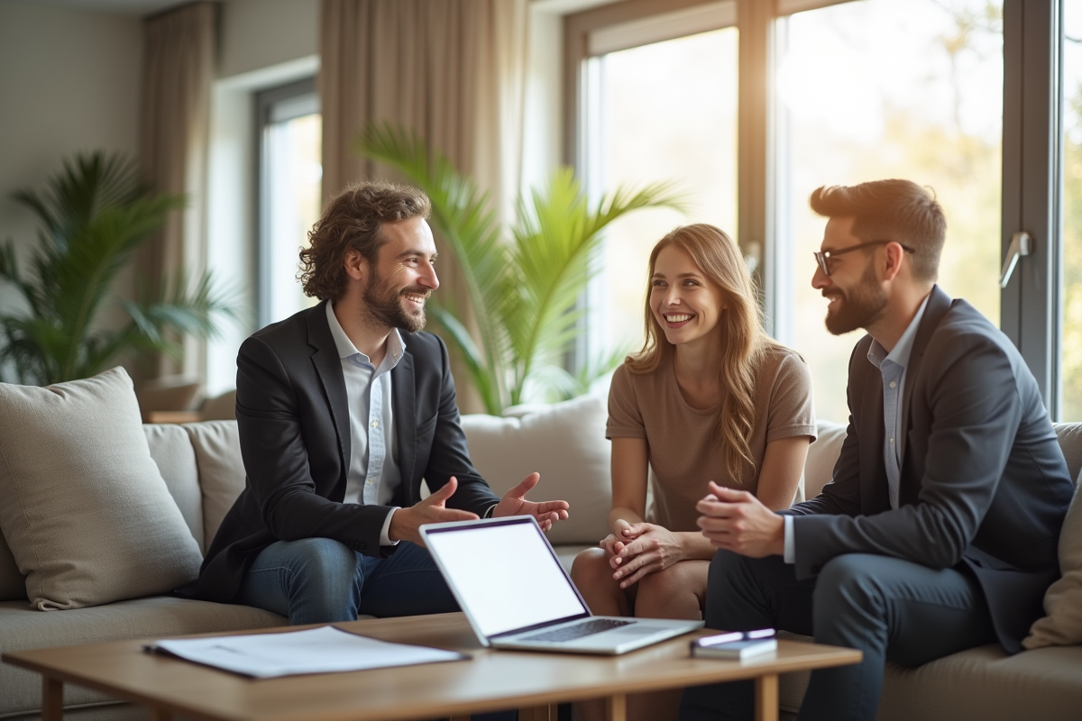 Agent immobilier discutant avec un couple dans un salon lumineux