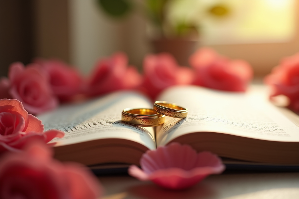 Alliances en or gravées sur un livre entouré de pétales de rose
