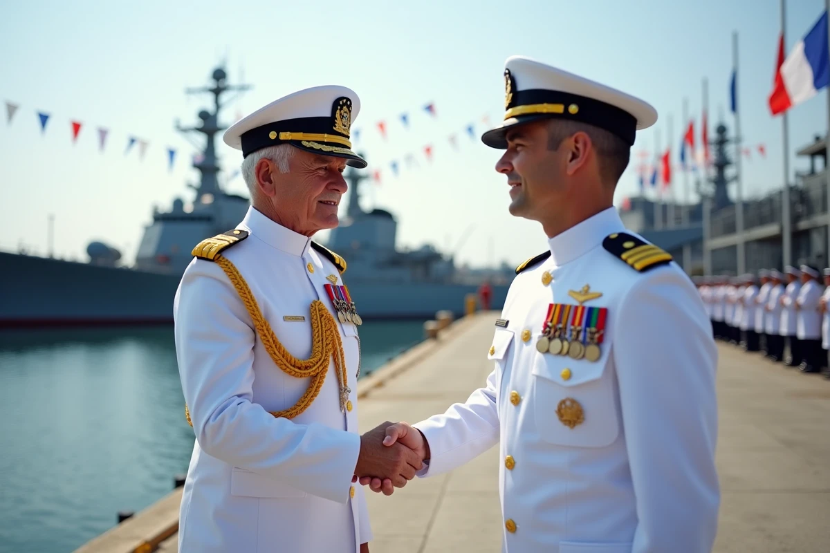 Amiral de la Marine nationale en uniforme blanc d'été avec médailles et galons dorés lors d'une cérémonie officielle sur une base navale