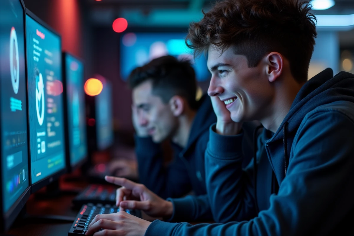 Deux amis dans un café gaming réagissant avec humour au nombre d'heures cumulées sur League of Legends