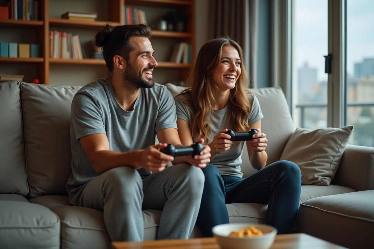 Deux amis riant en jouant ensemble dans le salon