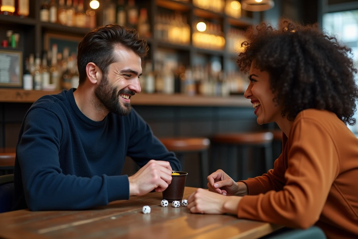 Deux amis adultes jouant au 421 dans un bistrot français, l'un secouant le cornet à dés avec un sourire de défi face à son adversaire