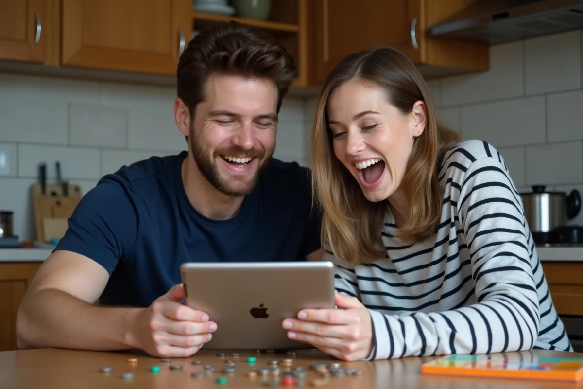 Deux amis consultant des liens de dés gratuits Monopoly GO sur une tablette dans une cuisine moderne