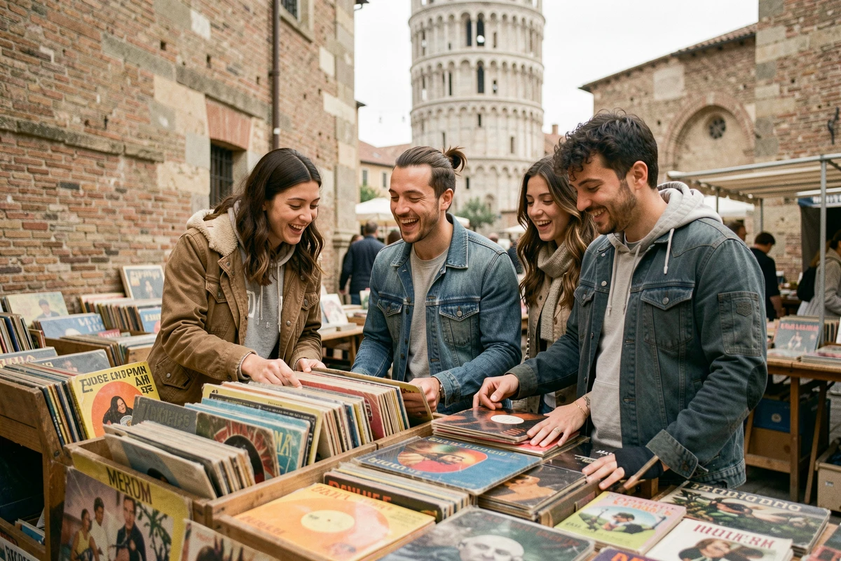 Groupe d'amis fouillant les disques vinyles et livres d'occasion au marché Saint-Sernin de Toulouse