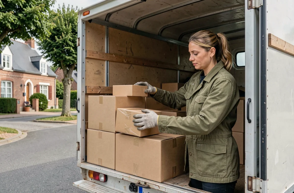 Déménageuse d'Amo Ouest organisant des cartons dans un camion dans une rue résidentielle du Morbihan