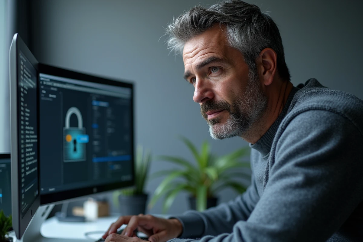 Homme analysant les indicateurs de sécurité HTTPS d'un site web sur son ordinateur