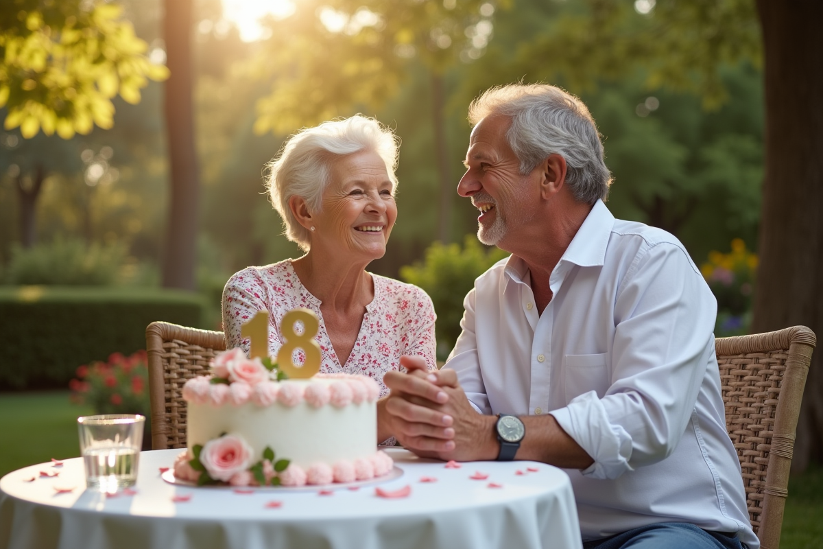Couple mature souriant lors d'un anniversaire 18 ans en plein air