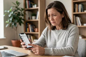 Femme cherchant un numéro de téléphone sur un annuaire particulier depuis son smartphone à son bureau à domicile