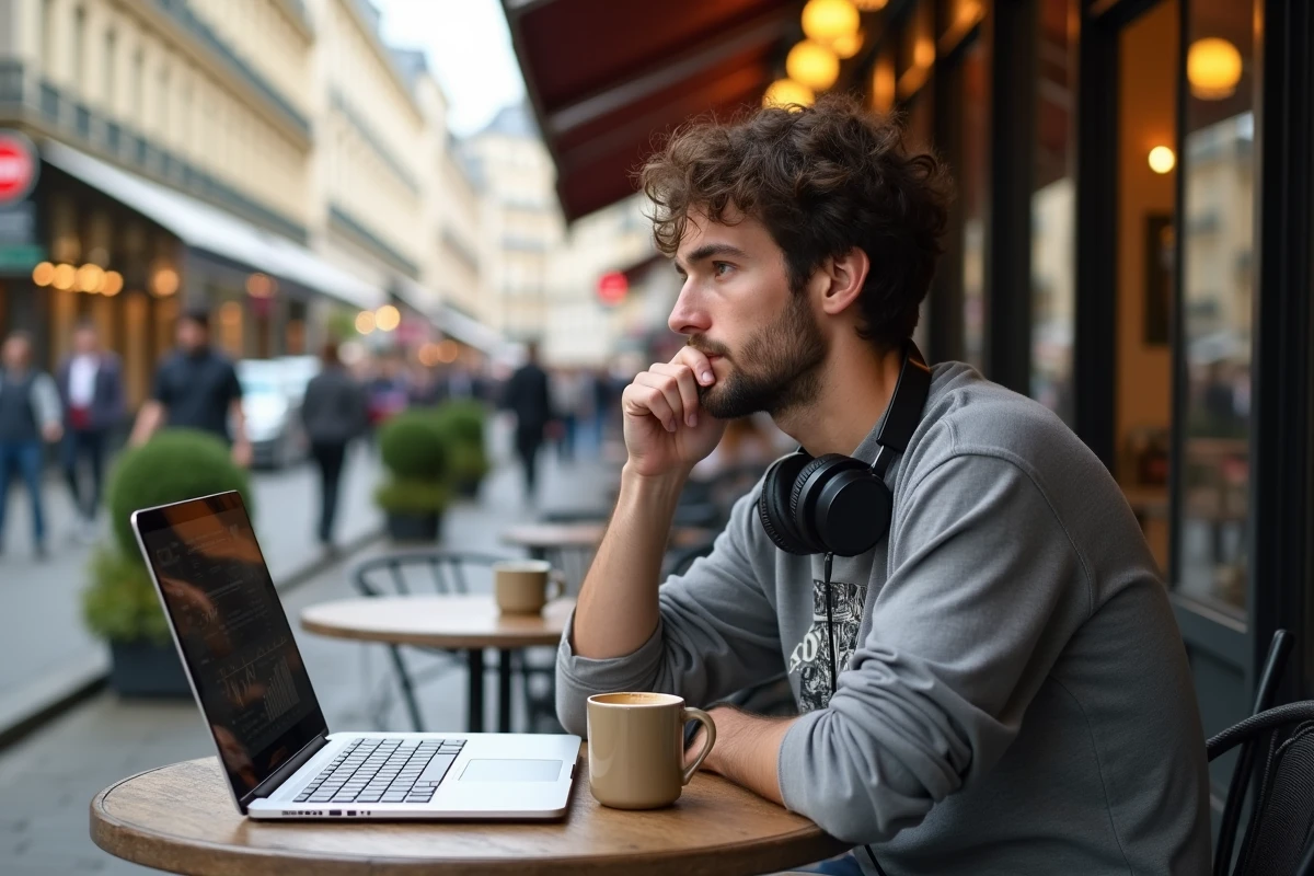 Artiste analysant ses statistiques sur les réseaux sociaux depuis une terrasse de café parisienne