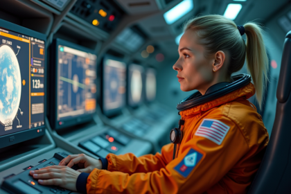 Astronaute femme en combinaison orange dans le cockpit spatial