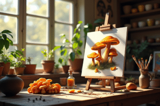 Studio d'art lumineux avec peinture de chanterelles sur chevalet