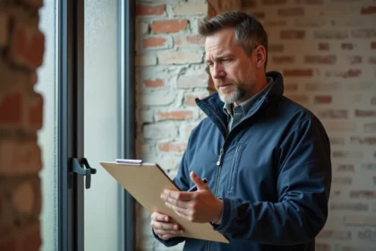 Auditeur énergie homme en veste inspectant l'isolation