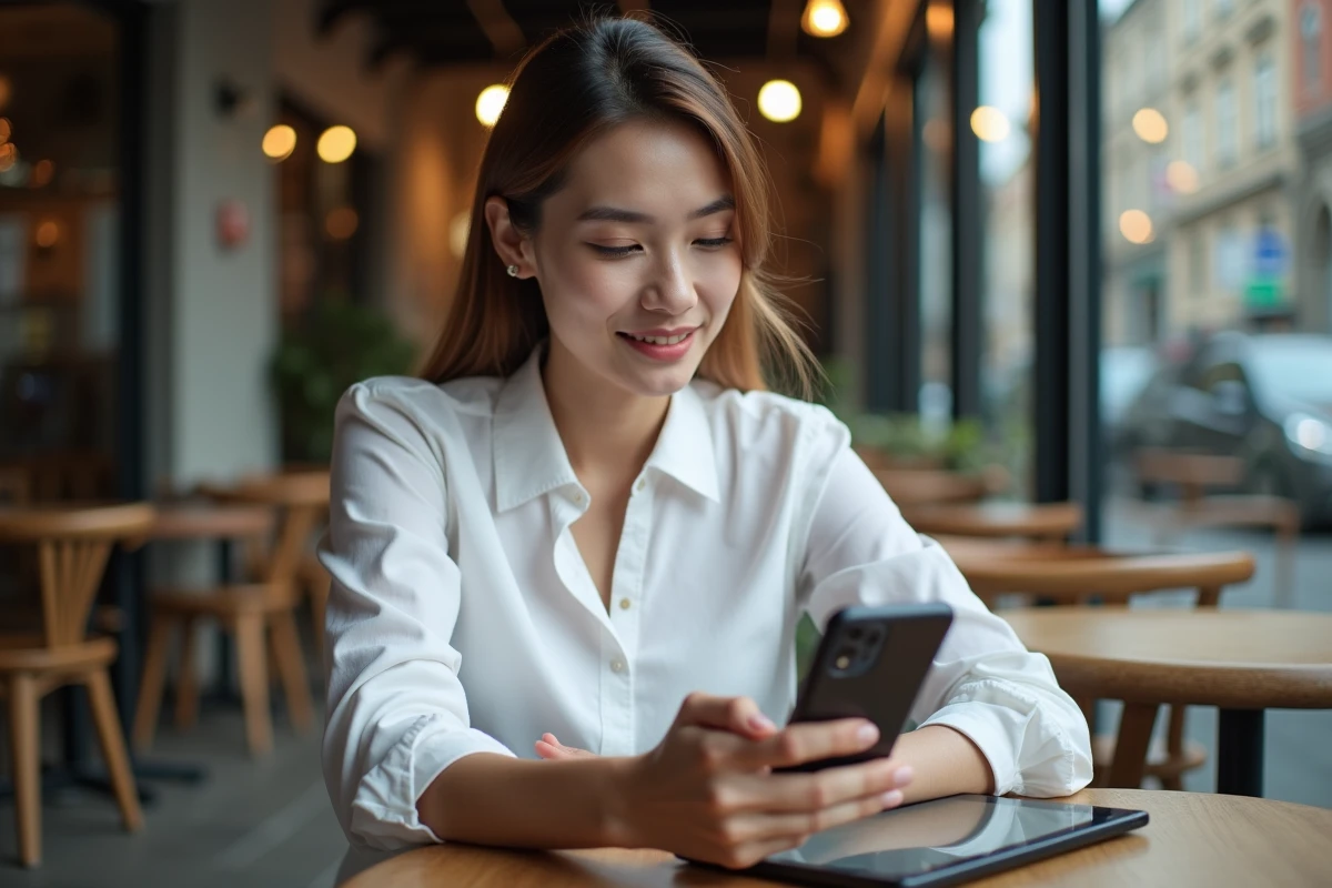 Femme vérifiant un code d'authentification à deux facteurs sur son smartphone dans un café
