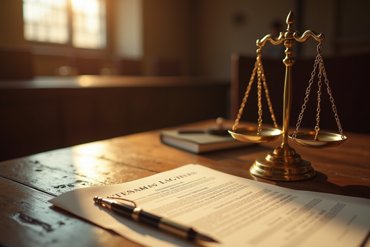 Balance de justice ancienne avec documents et stylo en lumière naturelle