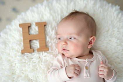 Bébé allongé sur une couverture blanche avec un hochet en bois