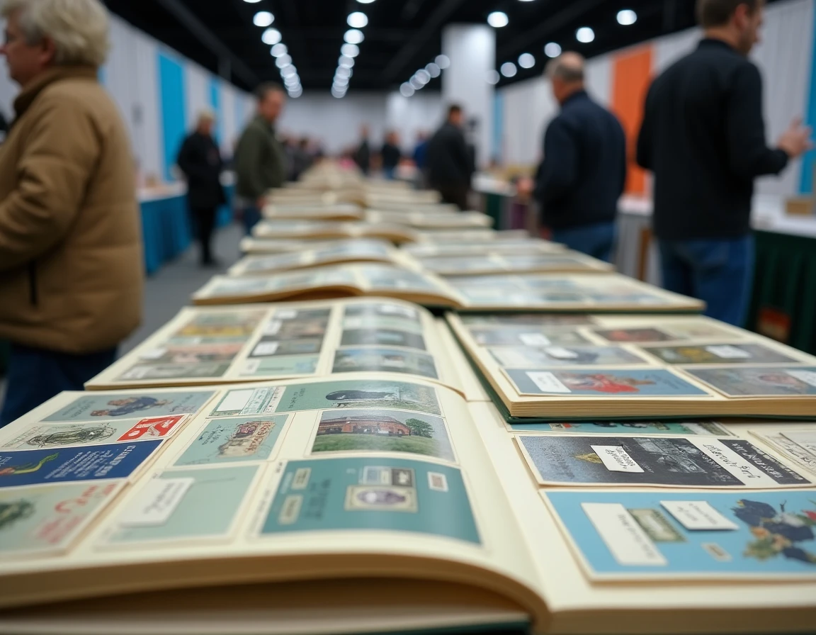 Table de collection de cartes téléphoniques lors d'une bourse de collectionneurs en salle