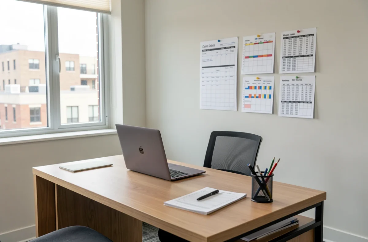 Bureau d'une structure d'aide à domicile avec plannings de travail