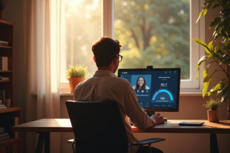 Bureau moderne avec personne en visioconference et test de vitesse