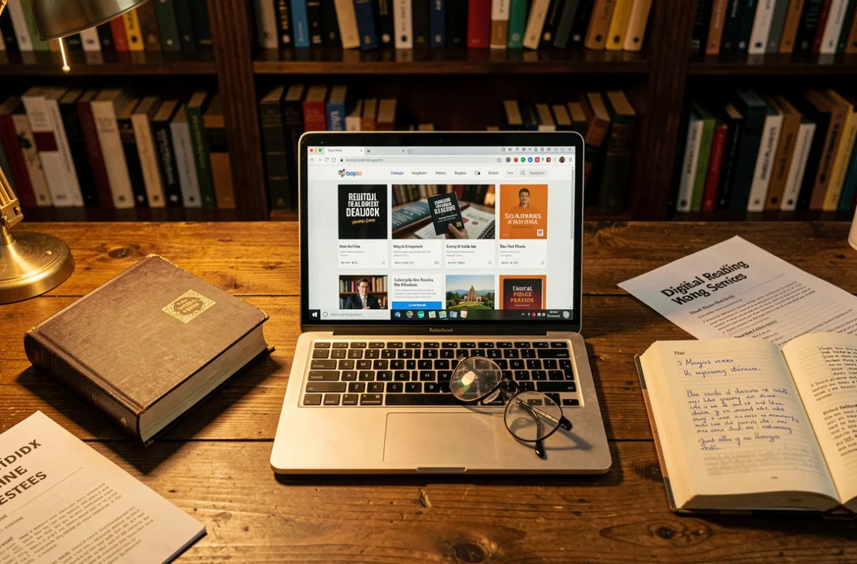 Bureau avec ordinateur portable affichant une plateforme légale d'ebooks, un livre ouvert et des notes manuscrites sur les services de lecture numérique