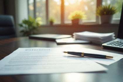 Bureau professionnel avec contrat et calculatrice