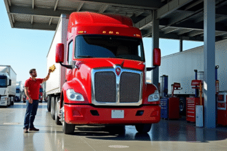 Camion rouge propre dans une station service ensoleillee