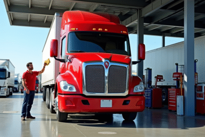 Camion rouge propre dans une station service ensoleillee