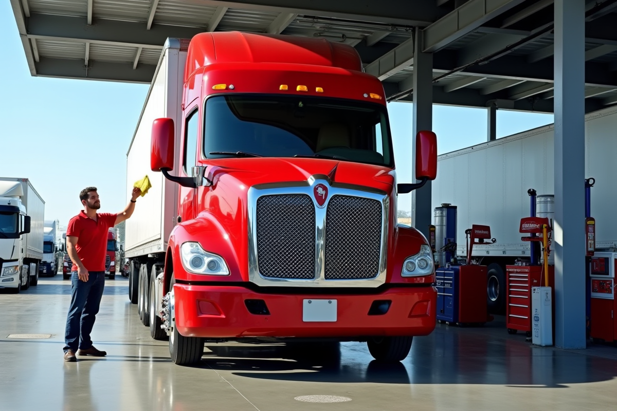 Camion rouge propre dans une station service ensoleillee