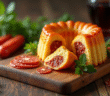 Cannelé tranché avec chorizo sur planche en bois