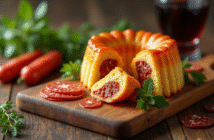 Cannelé tranché avec chorizo sur planche en bois