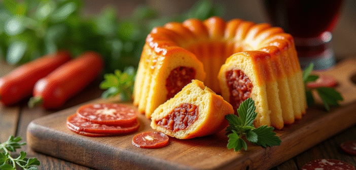 Cannelé tranché avec chorizo sur planche en bois