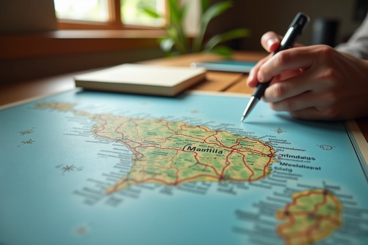 Carte de la Martinique sur une table en bois avec mains et carnet