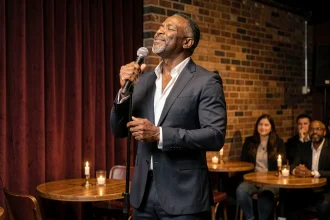 Chanteur noir américain en performance dans un club de jazz vintage, évoquant l'héritage musical soul et blues