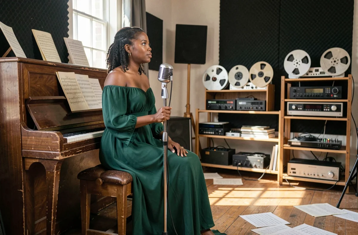 Chanteuse noire américaine dans un studio d'enregistrement vintage, assise au piano avec un micro rétro, atmosphère musicale authentique