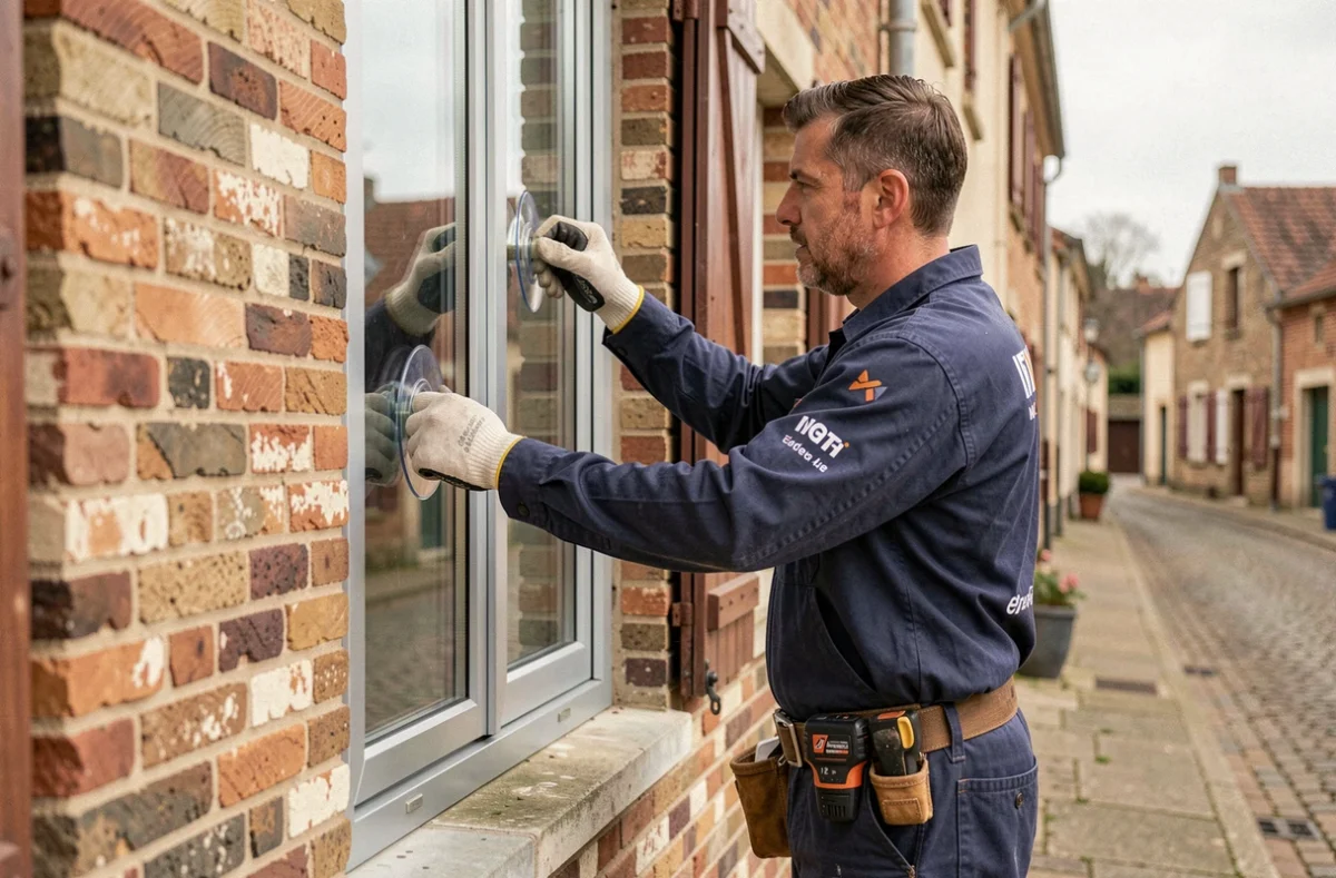 Artisan vitrier de Charles Fermetures installant une fenêtre sur une maison en brique