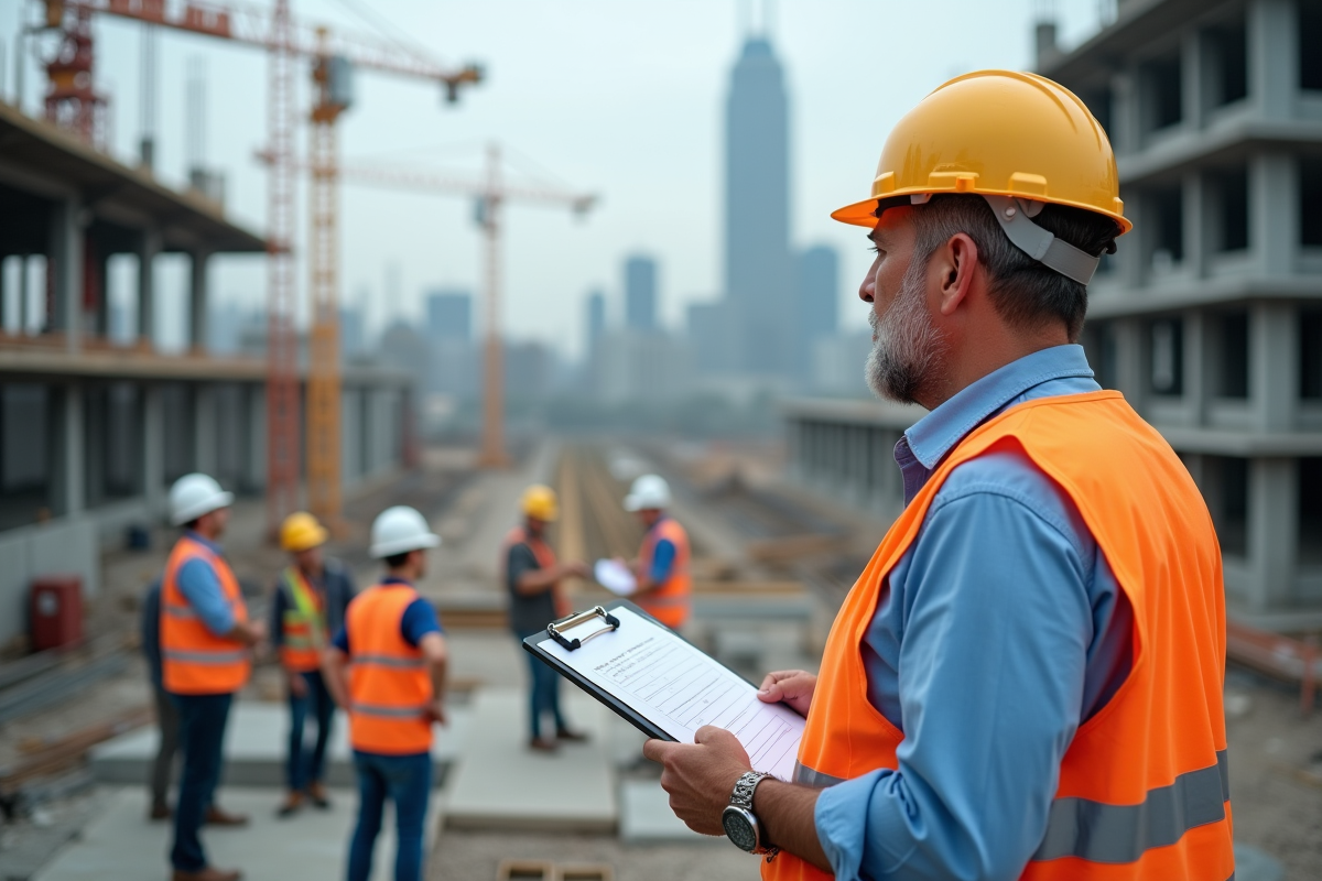 Chef de chantier observant des ouvriers sur un site en construction