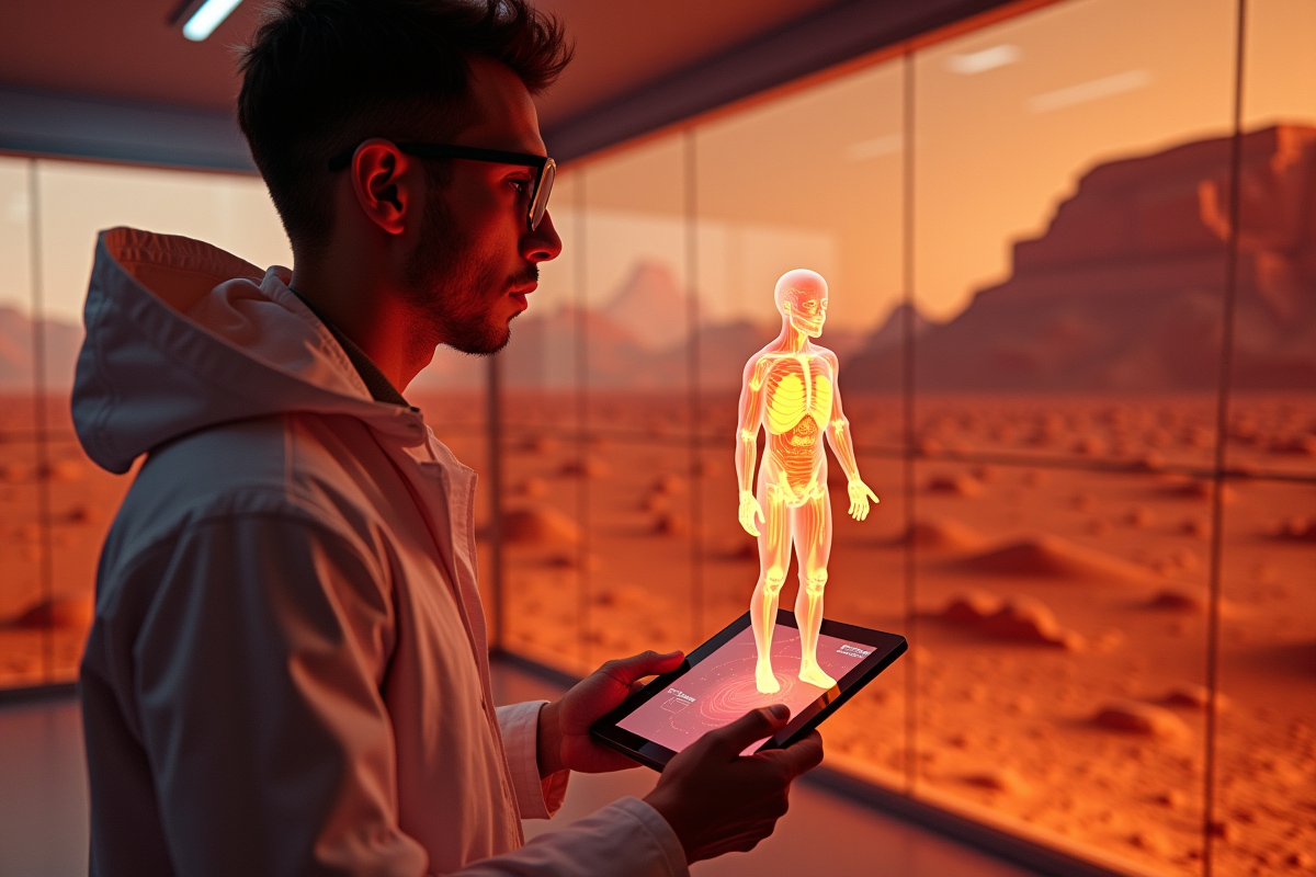 Jeune scientifique dans un laboratoire avec décor martien