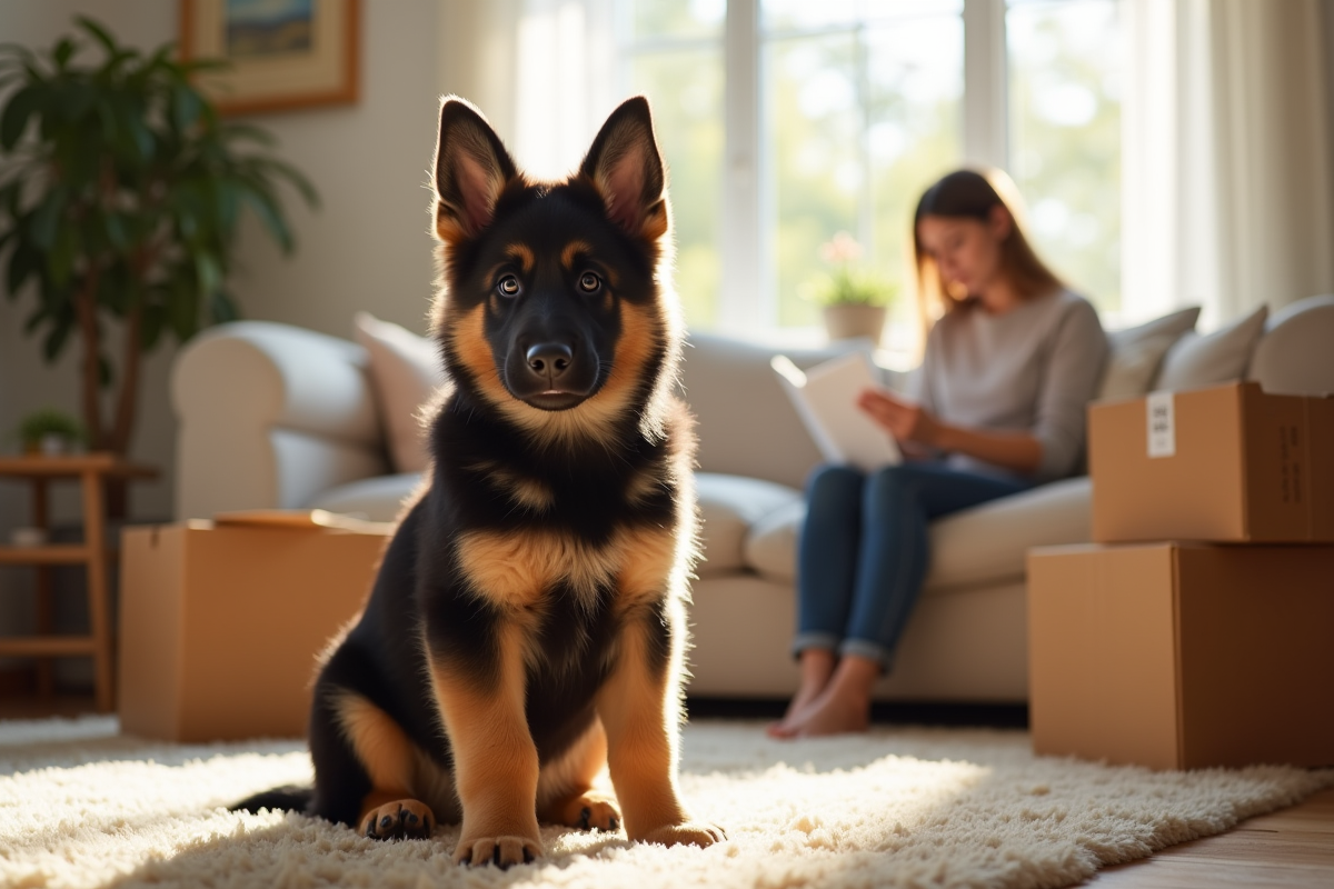 Chiot berger belge dans un salon cosy avec cartons et propriétaires