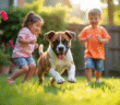 Jeune chiot boxer jouant dans le jardin ensoleille avec deux enfants