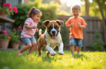 Jeune chiot boxer jouant dans le jardin ensoleille avec deux enfants