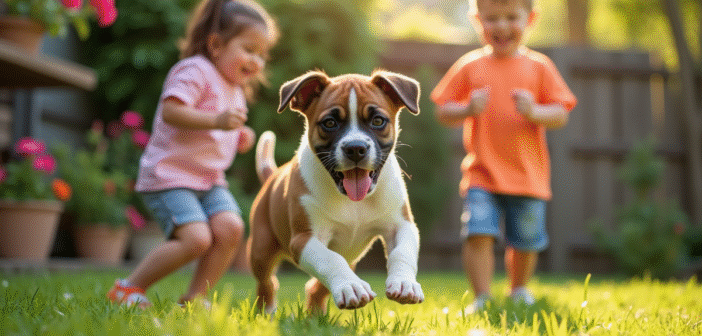 Jeune chiot boxer jouant dans le jardin ensoleille avec deux enfants