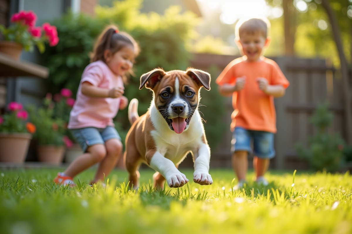 Jeune chiot boxer jouant dans le jardin ensoleille avec deux enfants