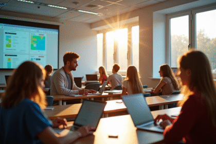 Salle de classe moderne avec lycéens utilisant des appareils numériques